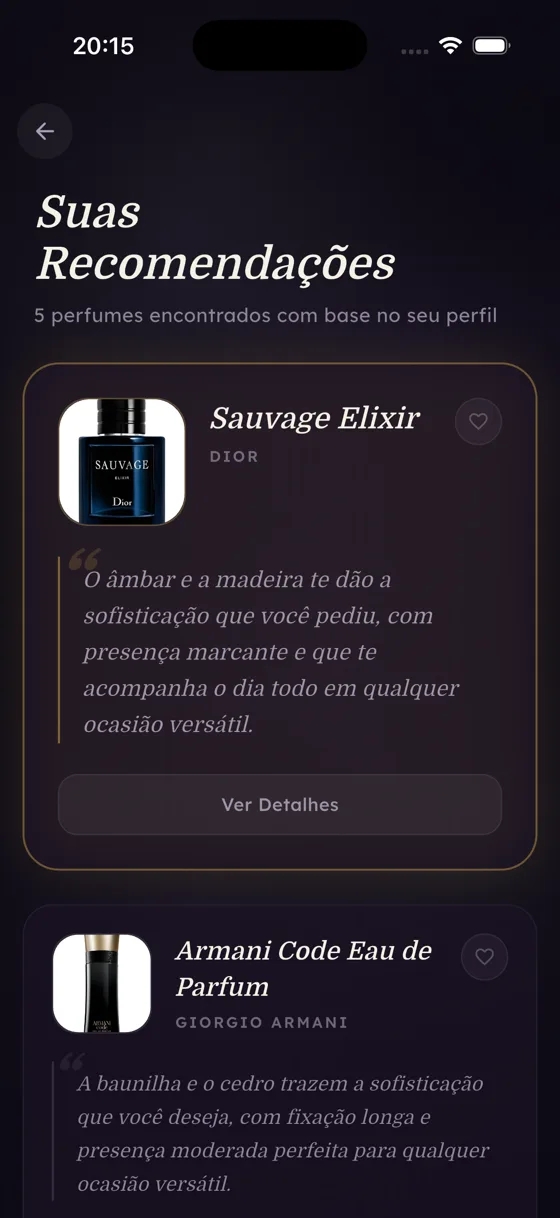 Tela de recomendações do app Scentia, com cada perfume acompanhado da justificativa de por que combina com o perfil
